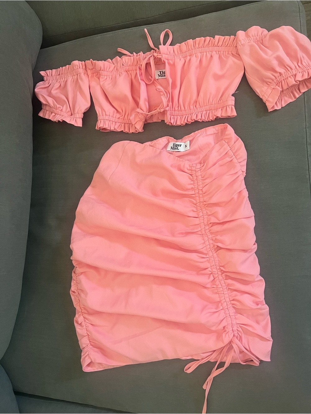 Tiger Mist Pink Ruched Off-Shoulder Skirt Set